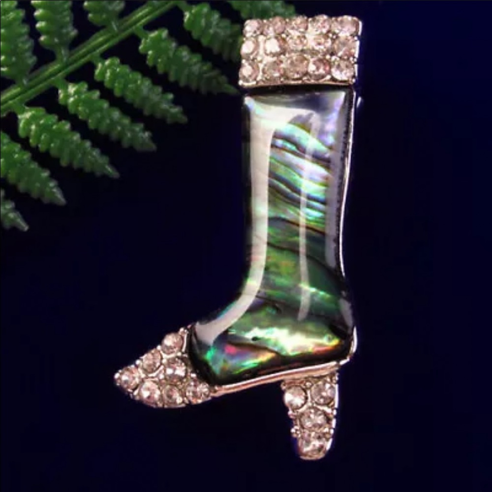 Abalone Shell Rhinestone Silver Boots Brooch - Picture 3 of 17